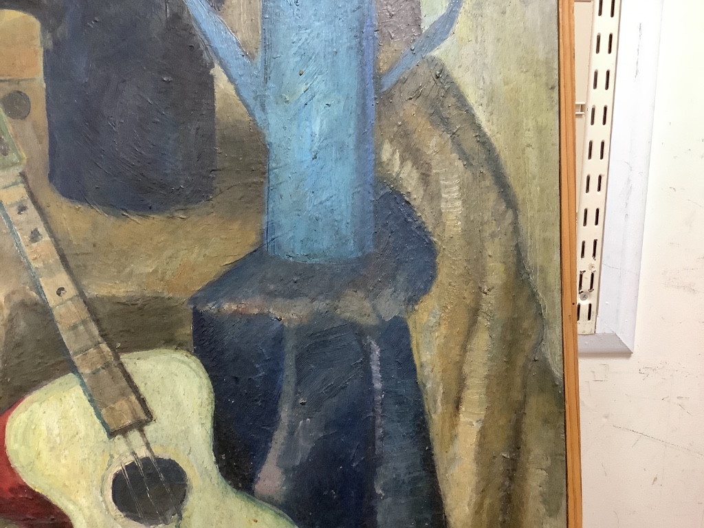 Continental School, oil on canvas, Still life with guitar and lantern, 86 x 86cm
